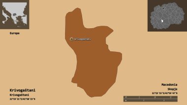 Krivogastani 'nin şekli, Makedonya belediyesi ve başkenti. Uzaklık ölçeği, ön gösterimler ve etiketler. Düzenli desenli dokuların bileşimi. 3B görüntüleme