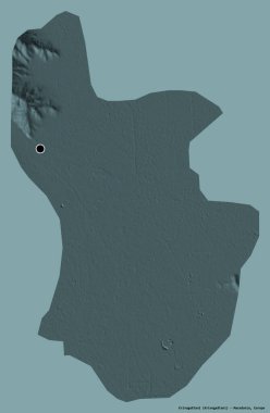 Makedonya Belediyesi Krivogastani 'nin şekli, başkenti sağlam bir renk arkaplanına sahip. Renkli yükseklik haritası. 3B görüntüleme