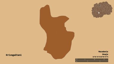 Makedonya 'nın Krivogastani belediyesi, başkenti sağlam bir zemin üzerinde izole edilmiş durumda. Uzaklık ölçeği, bölge önizlemesi ve etiketleri. Düzenli desenli dokuların bileşimi. 3B görüntüleme