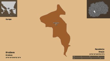 Makedonya Belediyesi Krusevo ve başkenti. Uzaklık ölçeği, ön gösterimler ve etiketler. Düzenli desenli dokuların bileşimi. 3B görüntüleme