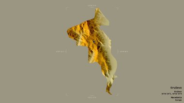 Makedonya Belediyesi 'nin Krusevo bölgesi, jeoreferatlı bir sınır kutusunda sağlam bir zemin üzerinde izole edilmiş durumda. Etiketler. Topografik yardım haritası. 3B görüntüleme
