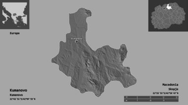 Makedonya 'nın Kumanovo belediyesi ve başkenti. Uzaklık ölçeği, ön gösterimler ve etiketler. Çift seviyeli yükseklik haritası. 3B görüntüleme