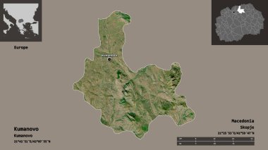 Makedonya 'nın Kumanovo belediyesi ve başkenti. Uzaklık ölçeği, ön gösterimler ve etiketler. Uydu görüntüleri. 3B görüntüleme