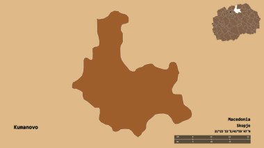 Makedonya 'nın Kumanovo belediyesi, başkenti sağlam bir zemin üzerinde izole edilmiş durumda. Uzaklık ölçeği, bölge önizlemesi ve etiketleri. Düzenli desenli dokuların bileşimi. 3B görüntüleme