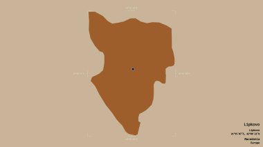 Makedonya Belediyesi Lipkovo bölgesi, jeoreferatlı bir sınır kutusunun sağlam bir arka planında izole edilmiş durumda. Etiketler. Desenli dokuların bileşimi. 3B görüntüleme