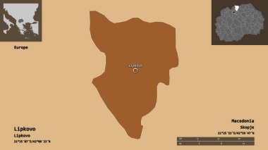 Makedonya Belediyesi Lipkovo ve başkenti. Uzaklık ölçeği, ön gösterimler ve etiketler. Düzenli desenli dokuların bileşimi. 3B görüntüleme