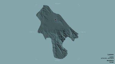 Makedonya Belediyesi Lozovo bölgesi, jeoreferatlı bir sınır kutusunda sağlam bir zemin üzerinde izole edilmiş durumda. Etiketler. Renkli yükseklik haritası. 3B görüntüleme