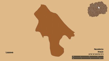 Makedonya 'nın Lozovo belediyesi, başkenti sağlam bir zemin üzerinde izole edilmiş durumda. Uzaklık ölçeği, bölge önizlemesi ve etiketleri. Düzenli desenli dokuların bileşimi. 3B görüntüleme