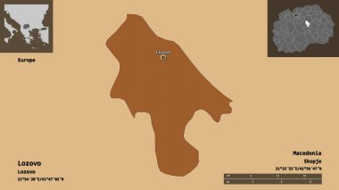 Makedonya Belediyesi Lozovo ve başkenti. Uzaklık ölçeği, ön gösterimler ve etiketler. Düzenli desenli dokuların bileşimi. 3B görüntüleme