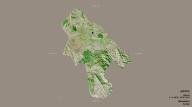 Makedonya Belediyesi Lozovo bölgesi, jeoreferatlı bir sınır kutusunda sağlam bir zemin üzerinde izole edilmiş durumda. Etiketler. Uydu görüntüleri. 3B görüntüleme