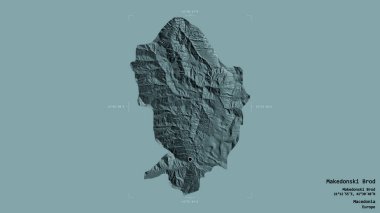 Makedonya 'nın Makedonski Brod belediyesi bölgesi, jeoreferatlı bir sınır kutusunun sağlam bir arka planında izole edilmiş durumda. Etiketler. Renkli yükseklik haritası. 3B görüntüleme