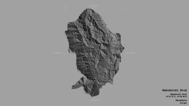 Makedonya 'nın Makedonski Brod belediyesi bölgesi, jeoreferatlı bir sınır kutusunun sağlam bir arka planında izole edilmiş durumda. Etiketler. Çift seviyeli yükseklik haritası. 3B görüntüleme