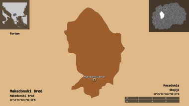 Makedonski Brod 'un şekli, Makedonya belediyesi ve başkenti. Uzaklık ölçeği, ön gösterimler ve etiketler. Düzenli desenli dokuların bileşimi. 3B görüntüleme