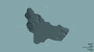 Makedonya Belediyesi Mogila bölgesi, jeoreferatlı bir sınır kutusunun sağlam bir arka planında izole edilmiş durumda. Etiketler. Renkli yükseklik haritası. 3B görüntüleme