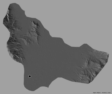 Makedonya Belediyesi Mogila 'nın şekli, başkenti sağlam bir renk arkaplanına sahip. Çift seviyeli yükseklik haritası. 3B görüntüleme
