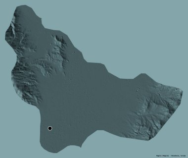Makedonya Belediyesi Mogila 'nın şekli, başkenti sağlam bir renk arkaplanına sahip. Renkli yükseklik haritası. 3B görüntüleme