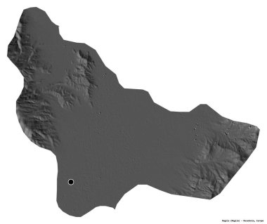 Makedonya 'nın başkenti Mogila' nın beyaz arka planda izole edilmiş hali. Çift seviyeli yükseklik haritası. 3B görüntüleme