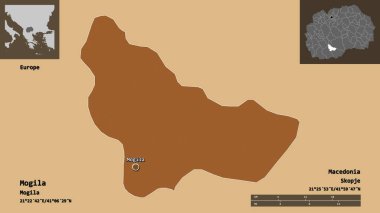 Makedonya Belediyesi Mogila ve başkenti. Uzaklık ölçeği, ön gösterimler ve etiketler. Düzenli desenli dokuların bileşimi. 3B görüntüleme