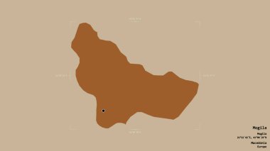Makedonya Belediyesi Mogila bölgesi, jeoreferatlı bir sınır kutusunun sağlam bir arka planında izole edilmiş durumda. Etiketler. Desenli dokuların bileşimi. 3B görüntüleme
