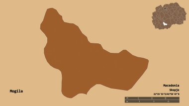 Makedonya Belediyesi Mogila 'nın başkenti sağlam bir zemin üzerinde izole edilmiştir. Uzaklık ölçeği, bölge önizlemesi ve etiketleri. Düzenli desenli dokuların bileşimi. 3B görüntüleme