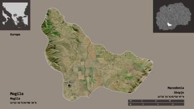 Makedonya Belediyesi Mogila ve başkenti. Uzaklık ölçeği, ön gösterimler ve etiketler. Uydu görüntüleri. 3B görüntüleme