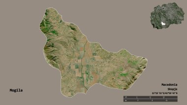 Makedonya Belediyesi Mogila 'nın başkenti sağlam bir zemin üzerinde izole edilmiştir. Uzaklık ölçeği, bölge önizlemesi ve etiketleri. Uydu görüntüleri. 3B görüntüleme