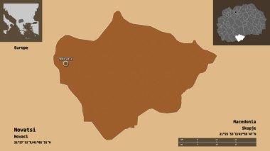 Makedonya Belediyesi Novatsi ve başkenti. Uzaklık ölçeği, ön gösterimler ve etiketler. Düzenli desenli dokuların bileşimi. 3B görüntüleme