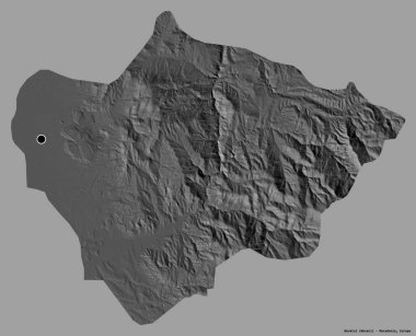 Makedonya Belediyesi Novatsi 'nin şekli, sermayesi katı renk arka planında izole edilmiş. Çift seviyeli yükseklik haritası. 3B görüntüleme