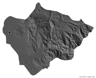 Makedonya 'nın başkenti Novatsi' nin beyaz arka planda izole edilmiş şekli. Çift seviyeli yükseklik haritası. 3B görüntüleme