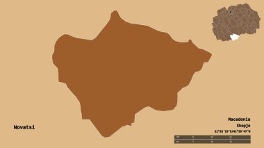 Makedonya 'nın Novatsi belediyesi, başkenti sağlam bir zemin üzerinde izole edilmiş durumda. Uzaklık ölçeği, bölge önizlemesi ve etiketleri. Düzenli desenli dokuların bileşimi. 3B görüntüleme