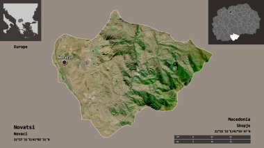 Makedonya Belediyesi Novatsi ve başkenti. Uzaklık ölçeği, ön gösterimler ve etiketler. Uydu görüntüleri. 3B görüntüleme