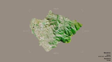 Makedonya Belediyesi Novatsi bölgesi, jeoreferatlı bir sınır kutusunun sağlam bir arka planında izole edilmiş durumda. Etiketler. Uydu görüntüleri. 3B görüntüleme