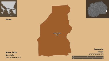 Makedonya 'nın Novo Selo belediyesi ve başkenti. Uzaklık ölçeği, ön gösterimler ve etiketler. Düzenli desenli dokuların bileşimi. 3B görüntüleme