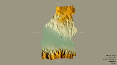 Makedonya 'nın Novo Selo belediyesi bölgesi, jeoreferatlı bir sınır kutusunun sağlam bir arka planında izole edilmiş durumda. Etiketler. Topografik yardım haritası. 3B görüntüleme