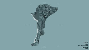 Makedonya 'nın Ohri belediyesi, jeoreferatlı bir sınır kutusunda sağlam bir zemin üzerinde izole edilmiş durumda. Etiketler. Renkli yükseklik haritası. 3B görüntüleme