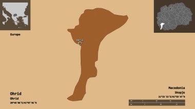 Ohri 'nin şekli, Makedonya belediyesi ve başkenti. Uzaklık ölçeği, ön gösterimler ve etiketler. Düzenli desenli dokuların bileşimi. 3B görüntüleme