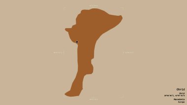 Makedonya 'nın Ohri belediyesi, jeoreferatlı bir sınır kutusunda sağlam bir zemin üzerinde izole edilmiş durumda. Etiketler. Desenli dokuların bileşimi. 3B görüntüleme