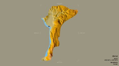Makedonya 'nın Ohri belediyesi, jeoreferatlı bir sınır kutusunda sağlam bir zemin üzerinde izole edilmiş durumda. Etiketler. Topografik yardım haritası. 3B görüntüleme