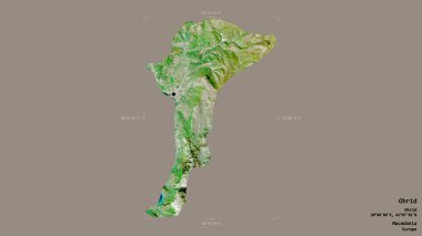 Makedonya 'nın Ohri belediyesi, jeoreferatlı bir sınır kutusunda sağlam bir zemin üzerinde izole edilmiş durumda. Etiketler. Uydu görüntüleri. 3B görüntüleme