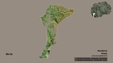 Makedonya 'nın Ohri belediyesi, başkenti sağlam bir zemin üzerinde izole edilmiş durumda. Uzaklık ölçeği, bölge önizlemesi ve etiketleri. Uydu görüntüleri. 3B görüntüleme