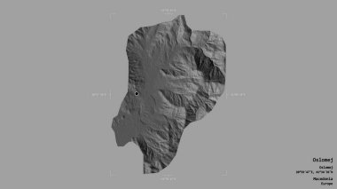 Makedonya Belediyesi Oslomej bölgesi, jeoreferatlı bir sınır kutusunun sağlam bir arka planında izole edilmiş durumda. Etiketler. Çift seviyeli yükseklik haritası. 3B görüntüleme