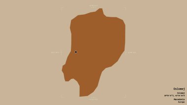 Makedonya Belediyesi Oslomej bölgesi, jeoreferatlı bir sınır kutusunun sağlam bir arka planında izole edilmiş durumda. Etiketler. Desenli dokuların bileşimi. 3B görüntüleme