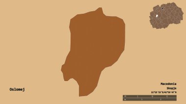 Makedonya 'nın Oslomej belediyesi, başkenti sağlam bir zemin üzerinde izole edilmiş durumda. Uzaklık ölçeği, bölge önizlemesi ve etiketleri. Düzenli desenli dokuların bileşimi. 3B görüntüleme