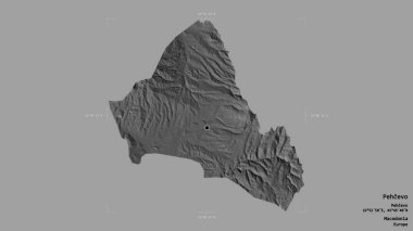 Makedonya Belediyesi 'nin Pehcevo bölgesi, jeoreferatlı bir sınır kutusunda sağlam bir zemin üzerinde izole edilmiş durumda. Etiketler. Çift seviyeli yükseklik haritası. 3B görüntüleme