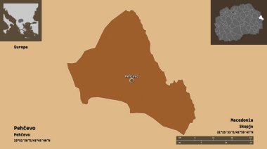 Makedonya Belediyesi ve başkenti Pehcevo 'nun şekli. Uzaklık ölçeği, ön gösterimler ve etiketler. Düzenli desenli dokuların bileşimi. 3B görüntüleme