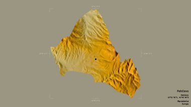 Makedonya Belediyesi 'nin Pehcevo bölgesi, jeoreferatlı bir sınır kutusunda sağlam bir zemin üzerinde izole edilmiş durumda. Etiketler. Topografik yardım haritası. 3B görüntüleme