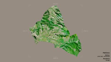 Makedonya Belediyesi 'nin Pehcevo bölgesi, jeoreferatlı bir sınır kutusunda sağlam bir zemin üzerinde izole edilmiş durumda. Etiketler. Uydu görüntüleri. 3B görüntüleme