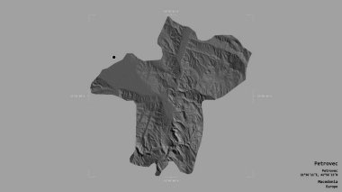 Makedonya Belediyesi Petrovec bölgesi, jeoreferatlı bir sınır kutusunun sağlam bir arka planında izole edilmiş durumda. Etiketler. Çift seviyeli yükseklik haritası. 3B görüntüleme