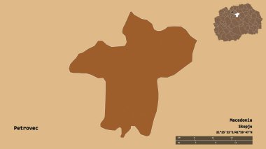 Makedonya belediyesi Petrovec 'in başkenti sağlam bir zemin üzerinde izole edilmiş durumda. Uzaklık ölçeği, bölge önizlemesi ve etiketleri. Düzenli desenli dokuların bileşimi. 3B görüntüleme