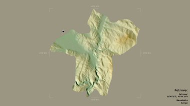 Makedonya Belediyesi Petrovec bölgesi, jeoreferatlı bir sınır kutusunun sağlam bir arka planında izole edilmiş durumda. Etiketler. Topografik yardım haritası. 3B görüntüleme